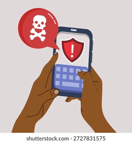 Mobile phone security threat alert showing malware warning on smartphone screen. Concept cyber risks and hacking attempts,