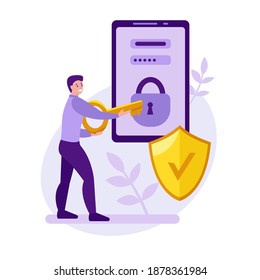 Mobile phone security vector concept. A young man is trying to unlock a mobile phone with a key. Data protection. Strong password and login. Flat style.