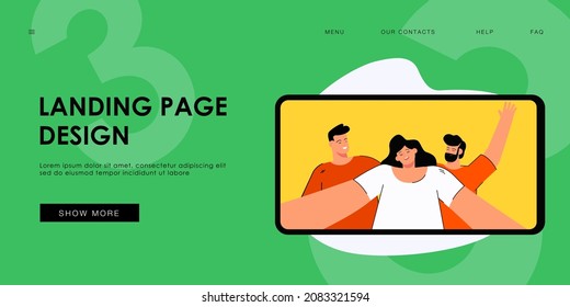 Mobile phone with selfie on screen flat vector illustration. Happy friends taking photo. Friendship, together, memory concept for banner, website design or landing web page