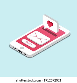 Mobile phone with a "send" button, a message icon and a text bubble with a heart. The concept of love correspondence, online dating, communication. Vector illustration in isometric style.