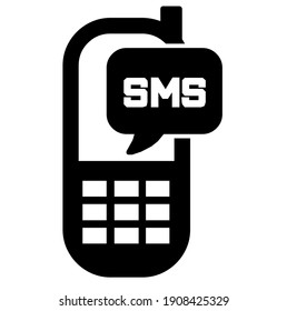 Mobile phone, sending sms, display silhouette, symbol, vector illustration, in black and white color, isolated on white background