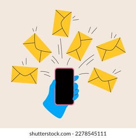 Mobile phone sends a lot of envelope letters symbol for email marketing. Colorful vector illustration
