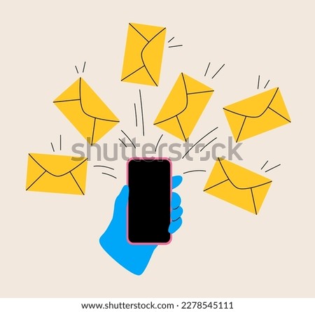 Mobile phone sends a lot of envelope letters symbol for email marketing. Colorful vector illustration
