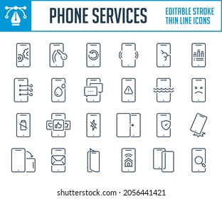 Iconos de línea delgada para el servicio de teléfono móvil y la configuración de la aplicación. Conjunto de iconos de reparación, mantenimiento y protección móvil. Iconos de trazo editables.