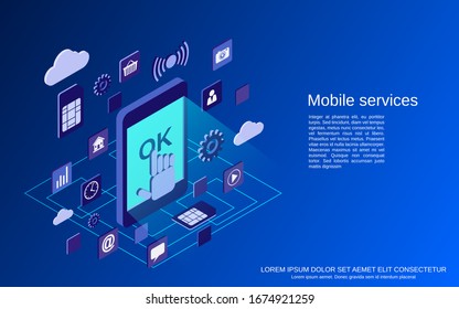 Mobile phone services flat isometric vector concept illustration