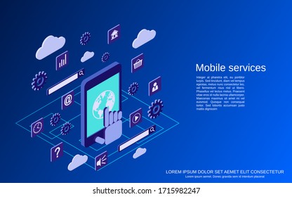 Mobile phone services flat isometric vector concept illustration