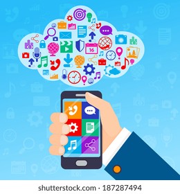 Mobile phone services poster with hand and cloud of icons vector illustration