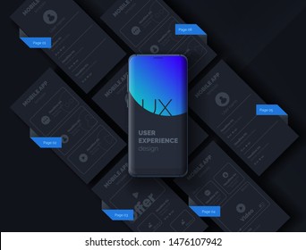 Mobile phone with a set of ux templates. User experience. User interface. Mobile app page template. Modern vector illustration.