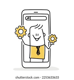 Mobile phone settings with gears. Stick figure. Doodle style. Vector illustration.