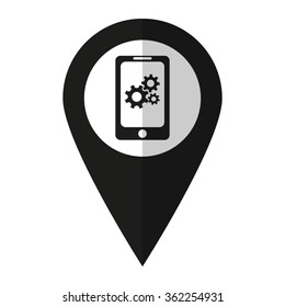 Mobile phone settings - vector icon;  black map pointer