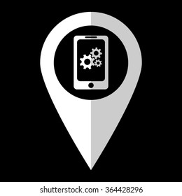 Mobile phone settings - white vector icon;  map pointer