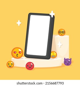 Mobile phone shelf scene and emotion on advertising banner kawaii doodle flat vector illustration