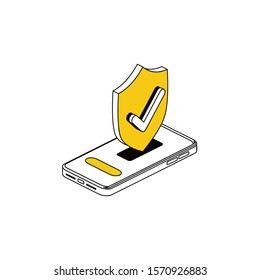 Mobile phone shield check mark. Vector 3d isometric, color web icon, new flat style. Creative illustration design, idea for infographics.