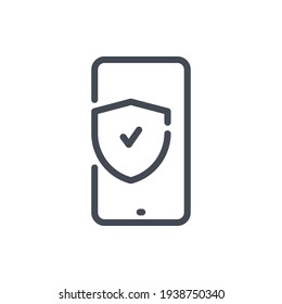 Teléfono móvil con pantalla y marca el icono de la línea. Protección móvil y símbolo de contorno de vector seguro del dispositivo.