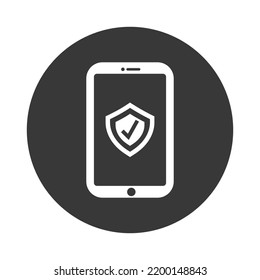 Mobile Phone With Shield Icon. Smartphone Secure And Protection Vector Outline Sign. Cell Phone Protection Secure Logo. Shield With Green Tick Icon