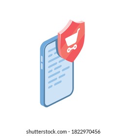 Camión de compras de protección de teléfonos móviles. Vector 3d isométrico, color de los iconos de la web, nuevo estilo plano. Ilustración creativa, idea para infografías.