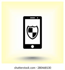 Mobile phone with shield sign icon, vector illustration. Flat design style