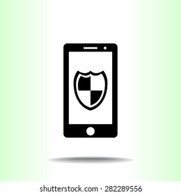 Mobile phone with shield sign icon, vector illustration. Flat design style