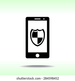 Mobile phone with shield sign icon, vector illustration. Flat design style