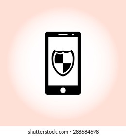 Mobile phone with shield sign icon, vector illustration. Flat design style