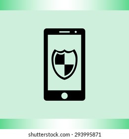 Mobile phone with shield sign icon, vector illustration. Flat design style