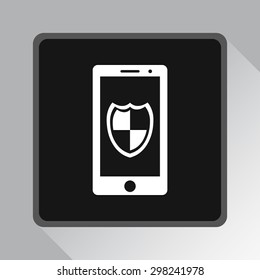 Mobile phone with shield sign icon, vector illustration. Flat design style