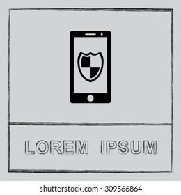 Mobile phone with shield sign icon, vector illustration. Flat design style