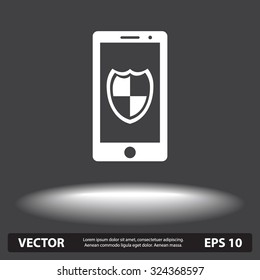 Mobile phone with shield sign icon, vector illustration. Flat design style