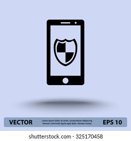 Mobile phone with shield sign icon, vector illustration. Flat design style