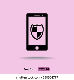 Mobile phone with shield sign icon, vector illustration. Flat design style