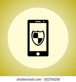Mobile phone with shield sign icon, vector illustration. Flat design style