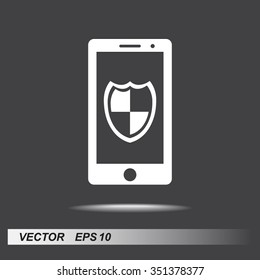 Mobile phone with shield sign icon, vector illustration. Flat design style