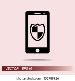 Mobile phone with shield sign icon, vector illustration. Flat design style