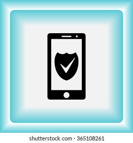 Mobile phone with shield sign icon, vector illustration. Flat design style