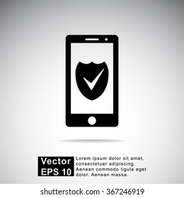Mobile phone with shield sign icon, vector illustration. Flat design style
