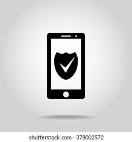 Mobile phone with shield sign icon, vector illustration. Flat design style