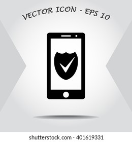 Mobile phone with shield sign icon, vector illustration. Flat design style