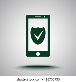 Mobile phone with shield sign icon, vector illustration. Flat design style