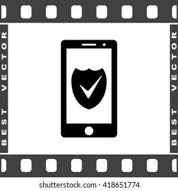 Mobile phone with shield sign icon, vector illustration. Flat design style