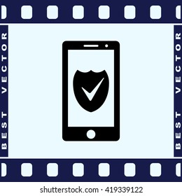 Mobile phone with shield sign icon, vector illustration. Flat design style