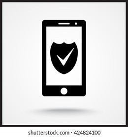 Mobile phone with shield sign icon, vector illustration. Flat design style