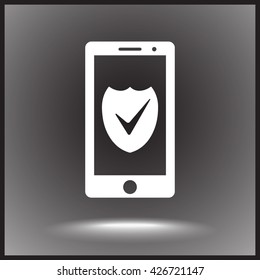 Mobile phone with shield sign icon, vector illustration. Flat design style