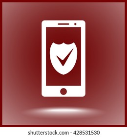 Mobile phone with shield sign icon, vector illustration. Flat design style