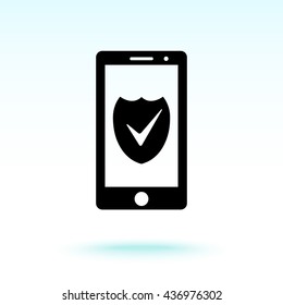 Mobile phone with shield sign icon, vector illustration. Flat design style