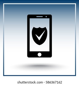 Mobile phone with shield sign icon, vector illustration. Flat design style