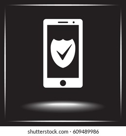 Mobile phone with shield sign icon, vector illustration. Flat design style