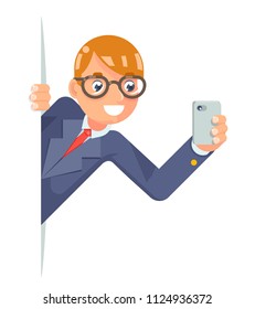 Mobile phone shoot photo videos news out corner cartoon male isolated businessman character flat design vector illustration