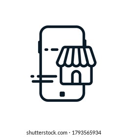 Mobile phone with shop outline icons. Vector illustration online shopping concept. Editable stroke. Isolated icon suitable for web, infographics, interface and apps.