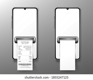 Mobile Phone With Shop Receipt In Front View. Concept Of Online Payment, Digital Invoice And Electronic Cash Check. Vector Realistic Mockup Of Smartphone With Blank Screen And Financial Bill