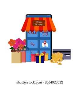 A mobile phone shop, shopping bag with a gift money coin credit card offers store search to shop on your mobile phone. It was used to create an online store. illustrator.